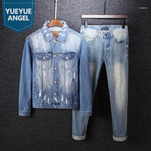 Streetwear Höst Mens Hole Denim Jackor Jeans Två Piece Sets Vintage Koreanska Män Slim Fit Toppar Pants Matchande Set Outfit Mäns Tracksu