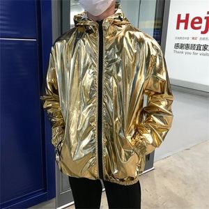 メンズジャケットとコートファッションウィンドブレイカージャケットメン薄い金と銀のフード付きジャケット春秋のストリートヒップホップコートT200117