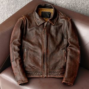 Kuyruklu Erkekler Ceket Vintage Motosiklet Ceketleri% 100 Cowhide Deri Ceket Erkek Bikter Giyim Asya Boyutu S6XL M697 220810