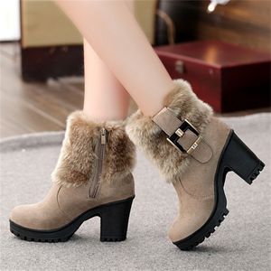 Calcanhar quadrado mulheres sapatos de inverno fivela clássica de pêlo de neve quente botas de salto alto plataforma preta Boots de tornozelo mulheres botas y200915