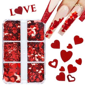 6 Roosters Gemengde Valentijnsdag Nail Art Pailletten Shiny Red Love Heart Glitter Flakes Nail Supplies voor Professionals Accessoires Y220408