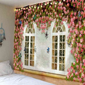 Window Flower Wall Mattor Billiga polyestertyg Tryckt trädgårdsarklandskap Art Tapiz Hippie Boho Decor Wall Hanging Filt J220804