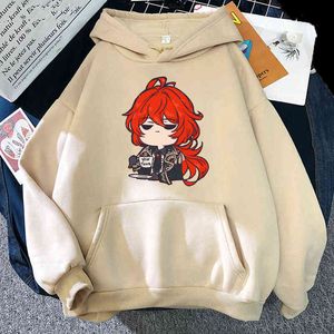 Genshin Impact Diluc Print Felpa con cappuccio Gioco caldo Cosplay Come Felpe con cappuccio Donna Felpa girocollo Stile coreano Sudaderas Para Mujer Y220713