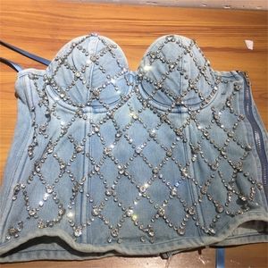 Women Denim Tube Top Diamond Beaded Strapless Vest Lace up Zipper Bustier Bra Night Club Party Tank Female Y749 220325