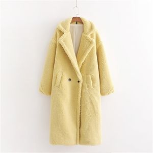 Sonbahar Kış Kadınlar Limon Sarı Teddy Ceket Şık Kadın Kalın Sıcak Kaşmir Ceket Sokak Kızlar 201221
