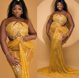 2022 Plus Size Arabic Aso Ebi Gold Mermaid Luxurious Prom Dresses Sequined Lace Evening Formal Party Second Reception Birtgday Engagement Gowns Dress ZJ454