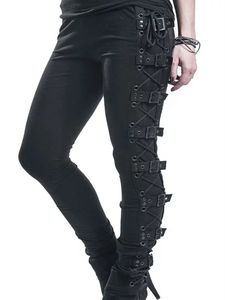 Kadın kot pantolon pantolon tokası gotik punk rock koyu siyah kalem pantolon