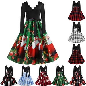 Boże Narodzenie Sukienka Kobiety Zima Z Długim Rękawem V Neck Elegancki Vintage Santa Claus Drukuj Xmas Party Stroje Czarne Duże Huśtawka Plus Rozmiar 220418