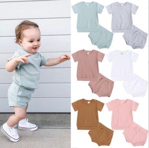 2022 Summer Kids Clothes Two Piece Set Short Sleeve Solid Color Top +Short Casual Clothing Set Size 6M-4T For Girl and Boy