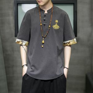 メンズTシャツ刺繍中漢字短袖Tシャツ男性夏の品質コットンリネン特大のスタンドカラーカミステスマンのMME