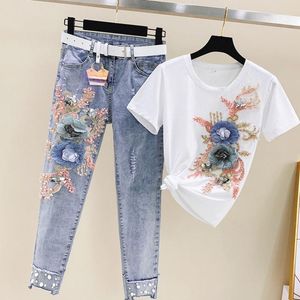 Summer Beading Women Sets Heavy Work Embroidery 3D Flower Short Sleeve T Shirt And Jeans 2pcs Clothing Female Casual Suits Y79