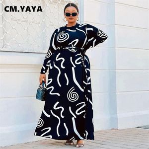 CM.YAYA Autumn Winter Women Geometric Print O-neck with Sashes Long Sleeve Maxi Dress Elegant Plus Size INS Long Dresses 220516