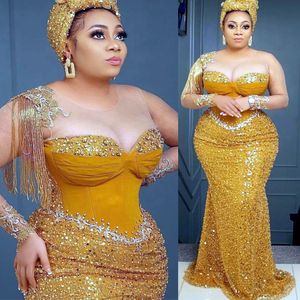 Plus Size Arabic Aso Ebi Gold Mermaid Sparkly Prom Dresses Beaded Crystals Evening Formal Party Second Reception Birthday Engagement Gowns Dress Zj999 407