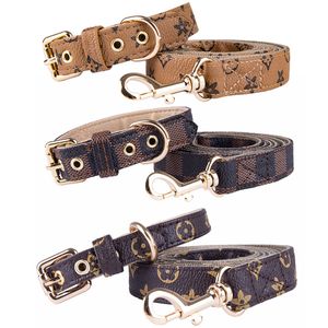 PU Leather Dog Collar Leashes Set Classic Old Flower Pattern Designer Collars for Small Medium Dogs Cat Chihuahua Teacup Puppies Shih Tzu Poodle White L