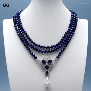 Anhänger Halsketten GuaiGuai Schmuck 3 Stränge Blaue Runde Tigerauge Choker Halskette CZ Pave Barock Perle 17