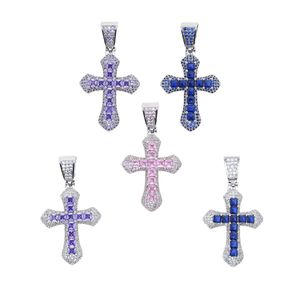 Iced Out Hip Hop Cross Pendant Fit Rope Chain Tennis Chain Necklace Paved Purple Blue White Pink Cz Stone for Men Women Jewelry Drop Ship