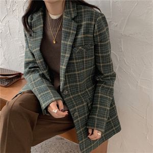 Koreański styl vintage wełniany płaszcz w kratę Blazer Kurtki żeńskie garnitury retro płaszcz wiosenny jesienna odzież wierzchnia 201102