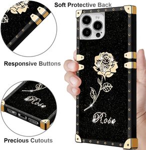 Luxuriöse quadratische Laser-Blumen-Handyhüllen für iPhone 13Pro MAX 12 11 XS MAX XR 7 8 Plus Modedesigner Glitzer Rose-Blume Blatt Diamant Stand Soft Cover