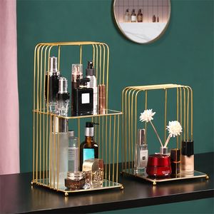 Smidesjärn Golden Bird Cage Multilayer Home Living Room Bedroom Desktop Cosmetic Storage Rack 220611