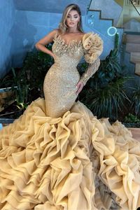 Luxurious Mermaid Prom Dresses One Long Sleeves V Neck Satin Appliques Sequins Beads Lace Shiny Floor Length Party Evening Gowns Plus Size Custom Made Tailored