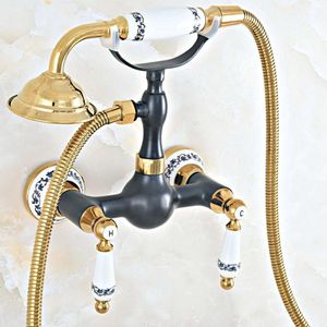 Bathroom Shower Sets Black & Gold Brass Faucets Set Wall Mounted Bath Mixer Tap With Hand Sprayer Head Kna428Bathroom