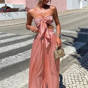 Strapless Tops Wide Leg Pants Women Set Ruched Lace Up Crop Top Two Pieces Sets Lady Summer Sexy Elegant Long Trousers Suit 220621