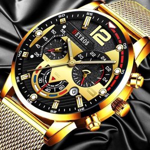 Relógios de pulso moda masculina assistir negócios de luxo em ouro aço inoxidável cinto de malha de malha de quartzo relógio de relógio luminoso homem casual hect22