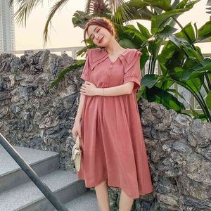 Pink Red Sweet Pregnant Women Summer Dress Kort ärmar Turndown Collar Maternity Chiffon Dress Sweet Pregrincial Wedding Dress J220628