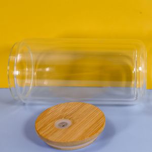 Bottiglia d'acqua a trasferimento termico con sublimazione da 16 once trasparente a doppio strato con coperchio in bambù, cannuccia, cola, soda, tazza di vetro B6