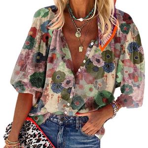 Floral Print Stand-Collar Half-Sleeve Blouse for Women 2024