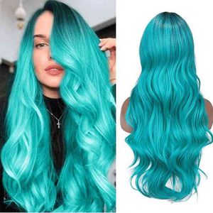 Wignee Bluish Light Blue Wig Synthetic Ombre Long Wavy Body Wave Side Part Heat Resistant Natural Hair Wigs for Women Cosplay 220622
