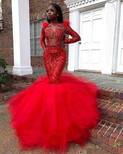 Sparkly Red Sequined Long Sleeve Prom Dresses Feather Mermaid Pageant Special Occasion Dress for African Black Girls Jewel Neck Sexy Illusion Formal Evening Gowns