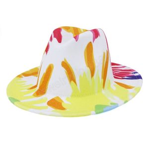 Chapéu de Fedora de Brim Grande Moda para Mulheres Impressão Colorida Lã de Sentidos Hat Top Jazz Cap Tamanho 56-58cm