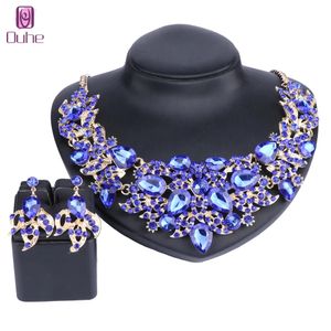 Fashion Gold Color Flower Pendant Chocker Necklace Earrings Wedding Bridal Crystal Stone Jewelry Sets