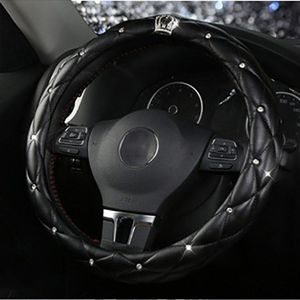 Steering Wheel Covers Universal PU Leather Car Cover Diamond Blingbling Crystal Seat Belt Crown Accessories BlackSteering
