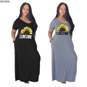 CM.YAYA Women Vintage Sunflower Letter Print V-neck Short Sleeve Slim Maxi Dress Casual Long Floor Length Dresses Vestidos 220516