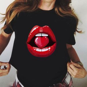 Women Red Mouth Lip Kiss Tops Printed Girl Black Summer Funny Leopard Graphic Tee Shirt Femme Harajuku T Drop