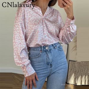 Cnlalaxury mode leopard satin utskrift lösa blusar kvinnor vintage långärmad knapp-up kvinnliga skjortor blusas chic toppar 220407