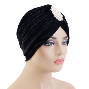 Muslim Velvet Jewelry Turban Beaded Elegant Headscarf Beanies Hijab Bandanas For Women Head Wraps Hair Accessories Turbante