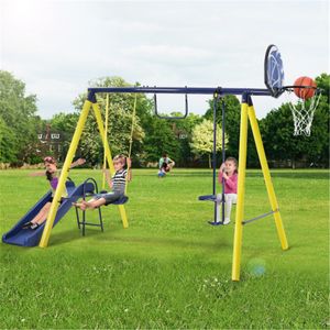 5 in 1 Outdoor Tolddler Swing Set for Backyard Playground Swing Sets with Steel Frame Silde Seesaw Swing and Basketball Hoop For Kids Outdoor Fun MS281008AAC on Sale