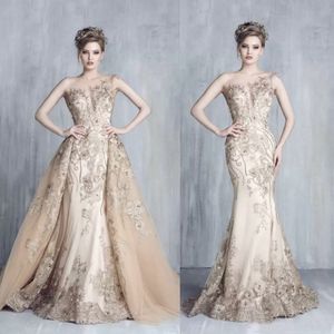 2022 New Elegant Champagne Mermaid Abiti da sera arabi Sheer Neck Appliques Sweep Train Overskirt Tony Chaaya Prom Party Gowns