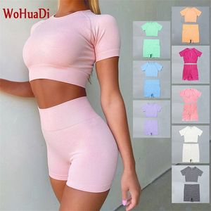 Wohuadi Summer Seamless Yoga Set Women s Clothing 2 -Stycken Sport Crop Top T Short Shorts Leggings Push Up Fitness Workout Gym Suit 220616
