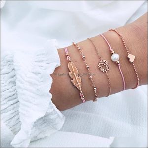 Bracelets de charme j￳ias folhas bo￪mianas de cora￧￣o Love Lotus Pearl Bracelet Chain Tito MTILayer Conjunto feminino Moda Gold Drop Deliver