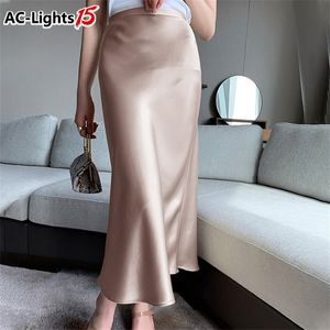 Kvinnor hög midja kjol silke satin s a-line elegant s sommar rosa midi koreansk stil ac 220322