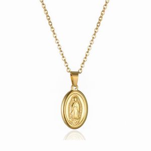 Anhänger Halsketten kleine Jungfrau Maria Halskette Gold Religiöser christlicher Schmuck Edelstahl Oval Medaille Münze für Frauen Männerpendent