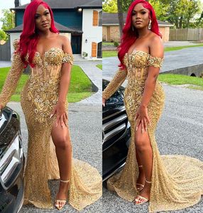 2022 Plus Size Arabisch Aso Ebi Gold Luxuriöse Meerjungfrau Ballkleider Perlen Kristalle Abend Formale Party Zweiter Empfang Geburtstag Verlobungskleider Kleid ZJ106