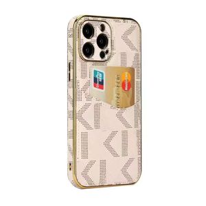 Designer M Wallet Telefonfodral för iPhone 13 Pro Max 12 Pro 11 XS X XR 8 7 Plus Shell Guld Galvaniserad läderkorthållare Kreditficka Brun Stötsäker helfodral