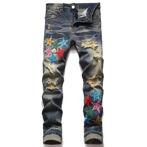 Jeans America Mens Hole Star Bordado Trend Elástico Slim Calça Masculina Hip Hop Jeans Men Men Motorcycle Pants Graphic Jean