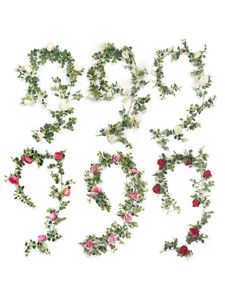 Konstgjord eukalyptus krans med blommor grönska kransvit rose girland för bord bröllop fest trädgård rum dekorationer