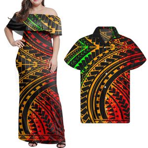 プラスサイズのドレスHycool Drop Polynesianの服の女性からショルダードレスマッチ男性のシャツの部族の縞模様のプリントカップル服装